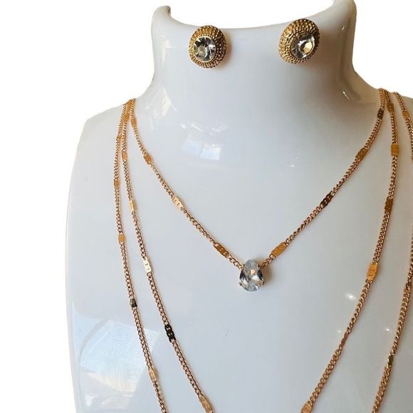 Jewelry set necklace stud earrings layered rhinestones gold tone - Picture 9 of 12